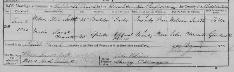 Marriage St. John the Evangelist, Westminster, Middlesex, England (Smith Square) 2 Jun 1850 William Thomas Smith & Maria Sarah Clements