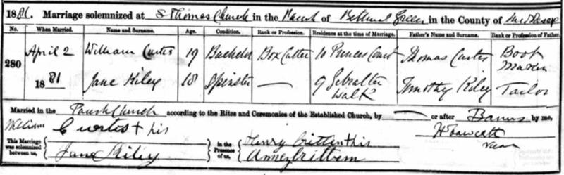 Marriage Bethnal Green, Tower Hamlets, England (St Thomas) 2 Apr 1881 William Curtis & Jane Kiley