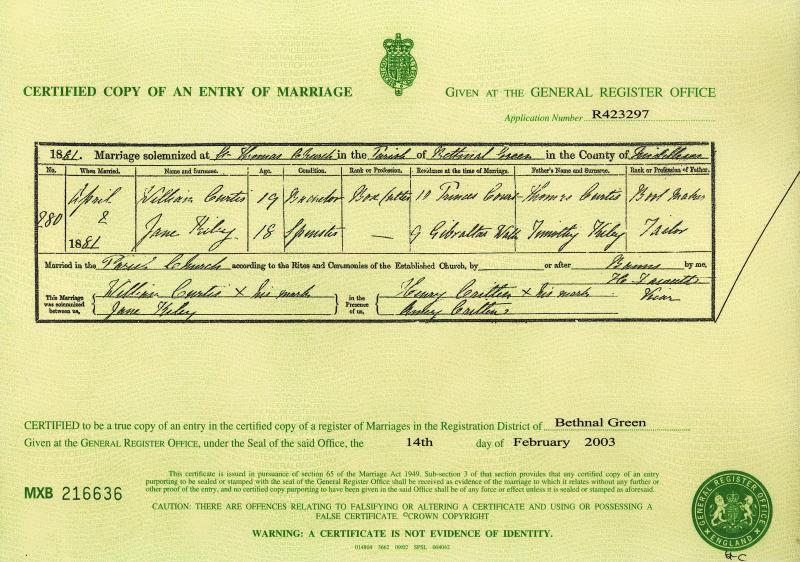 Marriage Bethnal Green, Middlesex, England (St Thomas Church) 8 Apr 1881 William Curtis & Jane Kiley