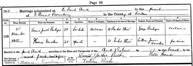 Marriage Barnsbury, London, England (St Clement) 25 Dec 1915 Edward Jacob Montague & Florence Vanstone