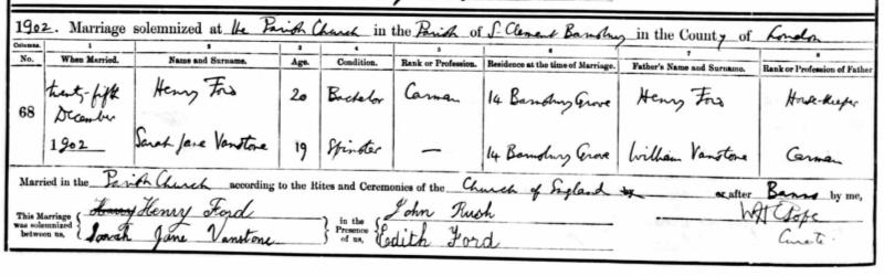 Marriage St Clement, Barnsbury, Islington, England 25 Dec 1902 Henry Ford & Sarah Janet Vanstone