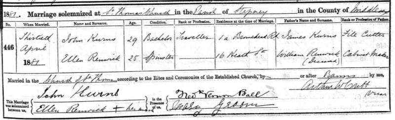 Marriage Stepney, Tower Hamlets, England (St Thomas) 30 Apr 1881 John Kurns & Ellen Renwick