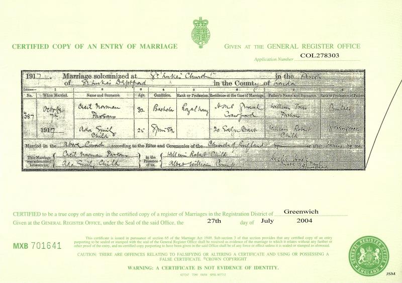 Marriage Deptford, London, England (St Lukes Parish Church) 7 Oct 1917 Cecil Norman Parsons & Ada Emmaline Child