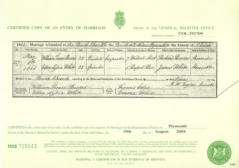 Marriage Plymouth, Devon, England (St Andrews parish Church) 8 May 1866 Willliam Trease Parsons & Ellen Lydia White