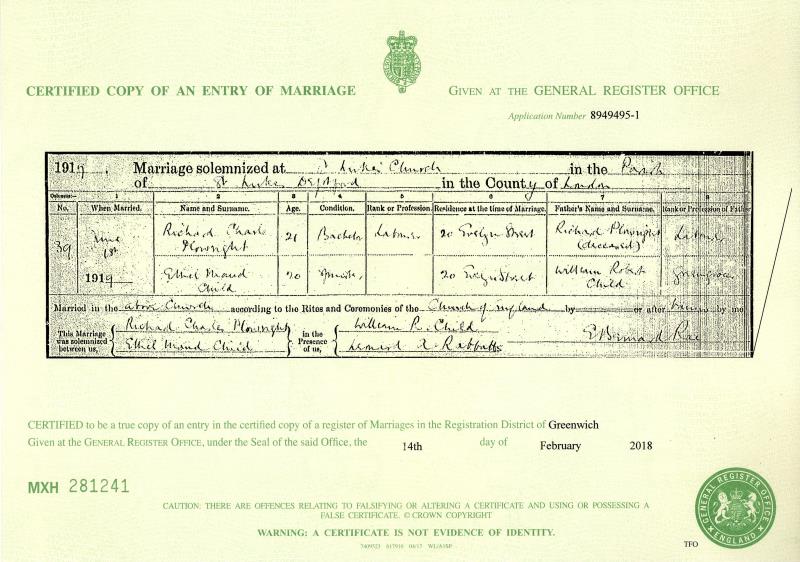 Marriage Deptford, London, England (St Lukes parish Church) 18 Jun 1919 Richard Charles Plowright & Ethel Maud Child