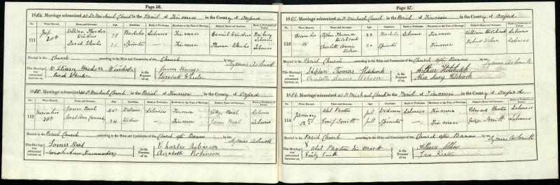 Marriage Finmere, Oxfordshire, England (St Michaels Parish Church) 12 Jan 1886 Abel Paxton & Emily Smith