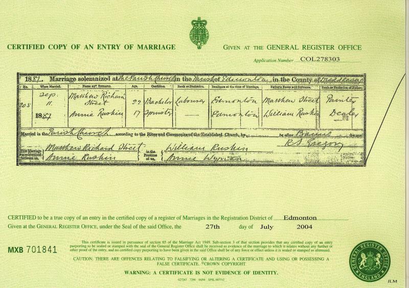 Marriage Edmonton, Middlesex, England (The Parish Church) 11 Sep 1887 Matthew Richard Ede Street & Anne Ruskin