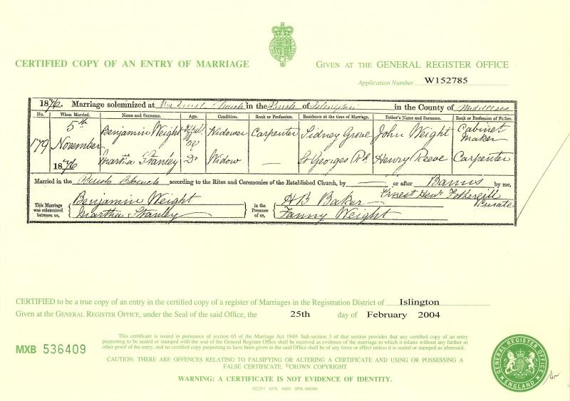 Marriage Islington, Middlesex, England (Islington Parish Church) 5 Nov 1876 Benjamin Weight & Martha Reeve