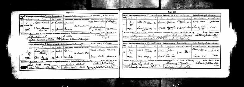 Marriage Southwark, London, England, United Kingdom. (St John the Evangelist, Walworth) 24 Jun 1895 Lydia Louisa Miller & Alfred French