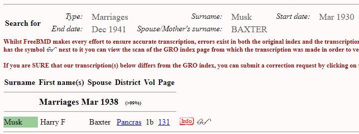 Marriage Pancras District, London, England, United Kingdom Q1 1938 Harry Frederick Musk & Emma H V Baxter