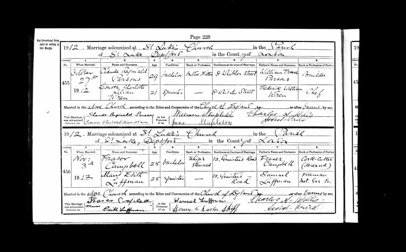 Marriage Deptford, Lewisham, England, United Kingdom (St Luke, Deptford, Lewisham, England, United Kingdom) 27 Oct 1912 Claude Reginald Parsons & Leonora CharlotteLilian Wren