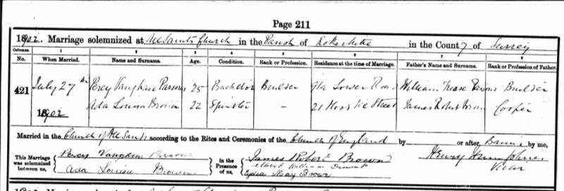 Marriage Rotherhithe, Southwark, England, United Kingdom. (All Saints Church, Rotherhithe, Southwark, England, United Kingdom.) 27 Jul 1902 Percy Vaughan Parsons & Ada Louisa Brown