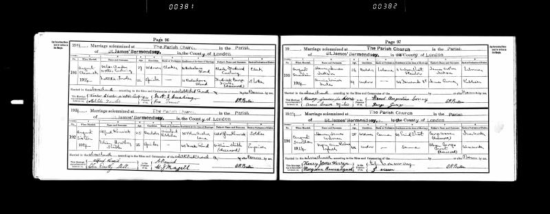 Marriage Southwark, London, England (St James Parish Church, Bermondsey) 16 Aug 1919 Alfred Charles Renwick & Lilian Dorothy Stubbs