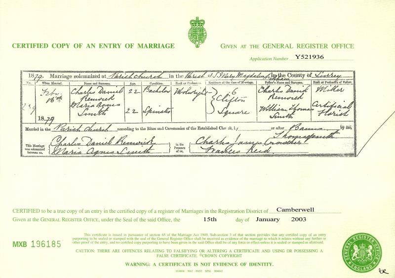 Marriage St Mary Magdelan Parish Church, Camberwell, Surrey, England 16 Feb 1879 Charles Daniel Renwick & Maria Agnes Smith