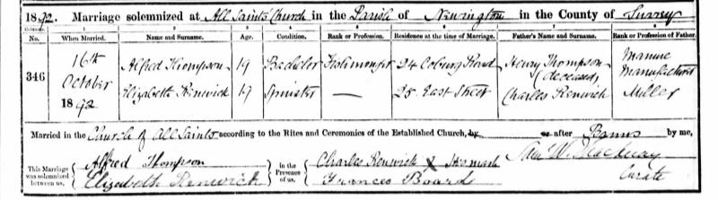 Marriage All Saints, Walworth, Southwark, England, United Kingdom (All Saints, Walworth, Southwark, England, United Kingdom) 16 Oct 1892 Alfred Thompson & Elizabeth 