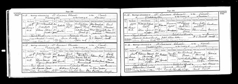 Marriage Paddington, Westminster, England (St Saviour Parish Church) 24 Jun 1918 William Marcel Renwick & Emily Bertha Pitkin