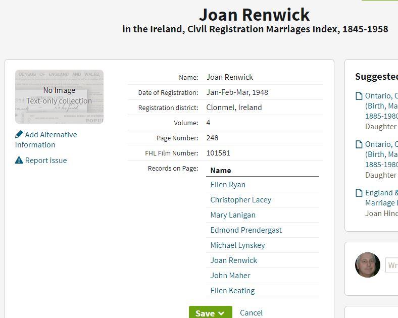 Marriage Clonmel, Ireland Q1 1948 Christopher lacey & Joan Renwick