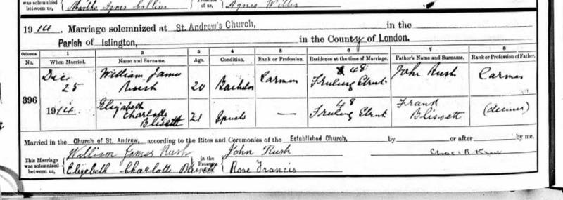 Marriage St Andrew's Church, Barnsbury, Islington, England, United Kingdom (St Andrew's Church, Barnsbury, Islington, England, United Kingdom) 25 Dec 1914 William James Rush & Elizabeth Charlotte Blissett