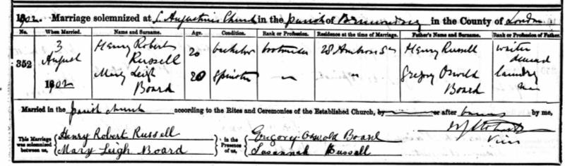 Marriage South Bermondsey, Southwark, England (St Augustine Church) 3 Aug 1902 Henry Robert Russell & Mary Leigh Board
