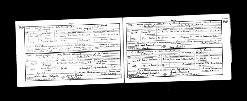 Marriage Woolwhich, London, England, United Kingdom. (Holy Trinity Church, Woolwhich, London, England, United Kingdom.) 23 Dec 1906 Robert James Sewell & Elizabeth Ford_Nee-Harrington?