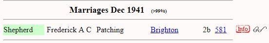 Marriage Brighton, Sussex, England, United Kingdom Q4 1941 Frederick (A C) Shepherd & Gladys Shepherd_Nee?