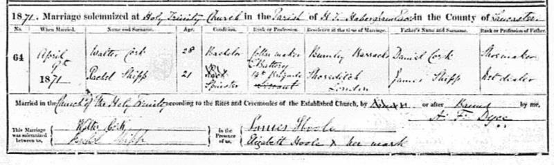 Marriage Habergham-Eaves, Lancashire, England, United Kingdom. (Holy Trinity Church, Habergham-Eaves, Lancashire, England, United Kingdom.) 9 Apr 1871 Rachel Ship & Walter Henry Cork