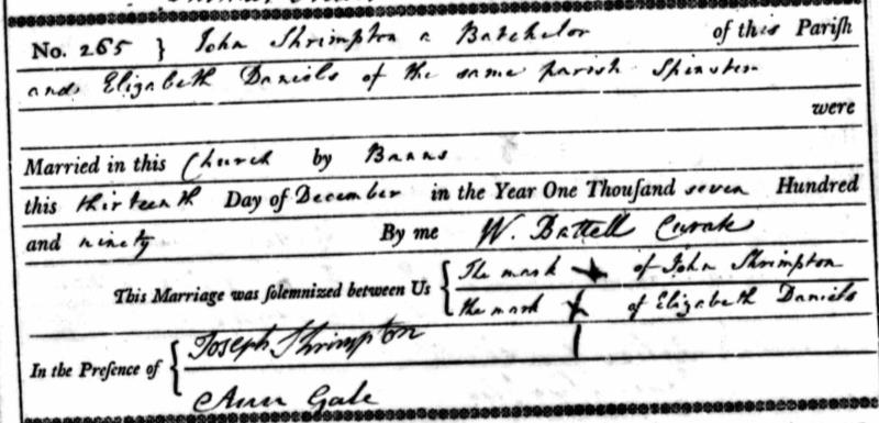 Marriage St Mary, Lambeth, Lambeth, England 13 Dec 1790 John Shrimpton & Elizabeth Daniels