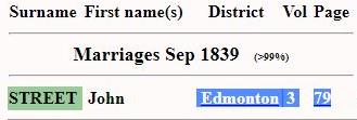 Marriage (All Hallows Church, Tottenham, Middlesex, England, United Kingdom) 5 Aug 1839 John Street & Ann Cufley