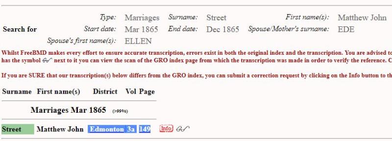 Marriage (St Andrew Parish Church, Enfield, Enfield, England, United Kingdom) 22 Mar 1865 Matthew John Street & Ellen Ede