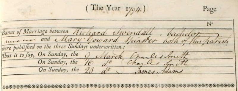 Marriage Banns (St Mary Aldermanbury, City of London, England, United Kingdom.) 12 Jan 1795 Richard Swindall & Mary Goward