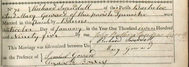Marriage Entry (St Mary Aldermanbury, City of London, England, UNited Kingdom.) 12 Jan 1795 Richard Swindall & Mary Goward