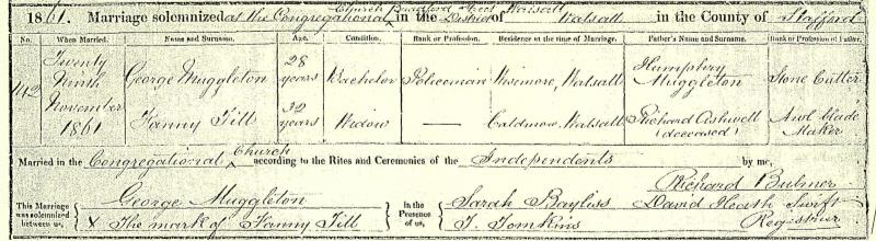 Marriage The Congregational Church Walsall, Walsall, Staffordshire, England, United Kingdom 29 Nov 1861 George Muggleton & Fanny Till