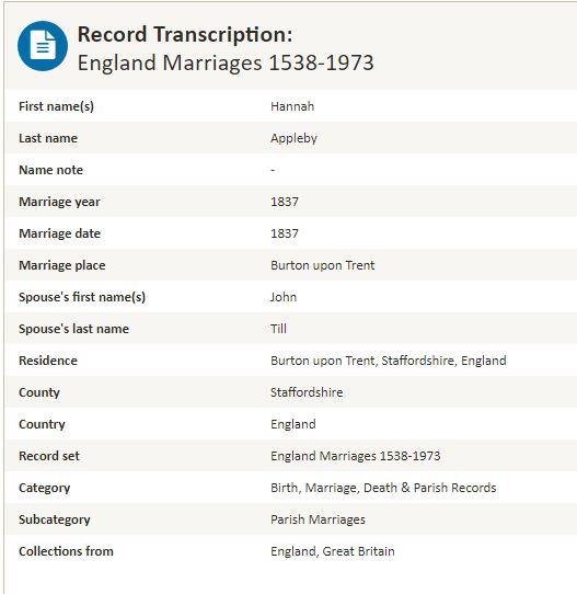 Marriage Burton-Upon-Trent, Staffordshire, England, United Kingdom. 11 Apr 1837 John Till & Hannah Appleby