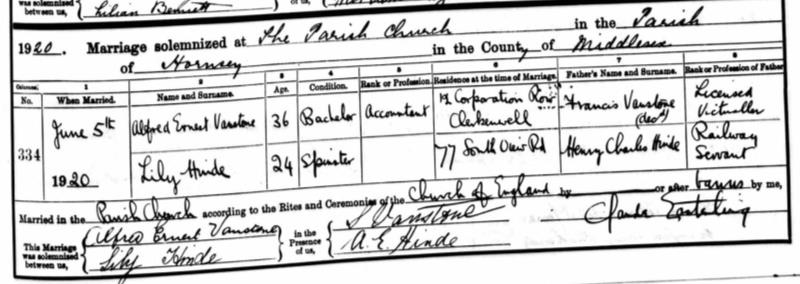 Marriage Islington, Middlesex, England (The Parish Church, Hornsey) 5 Jun 1920 Alfred Ernest Vanstone & Lillian 