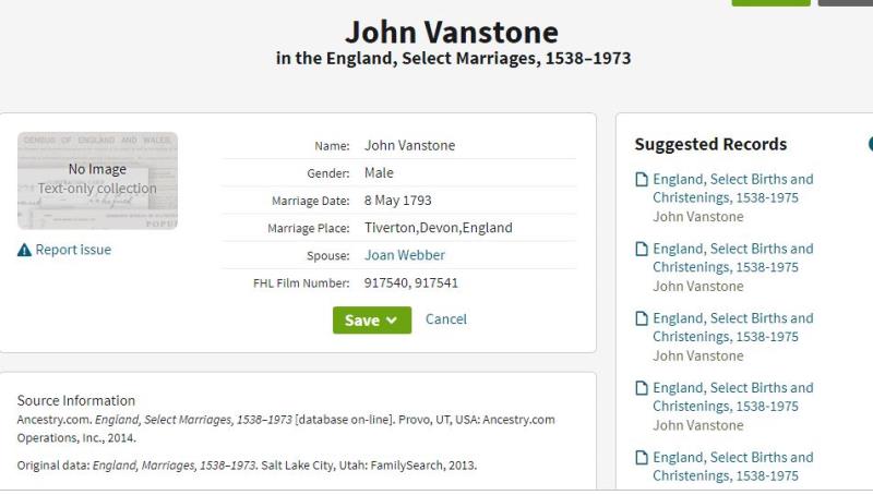 Marriage (Tiverton, Devon, England, United Kingdom) 8 May 1793 Joan Webber Viney & Jonathan Vanstone