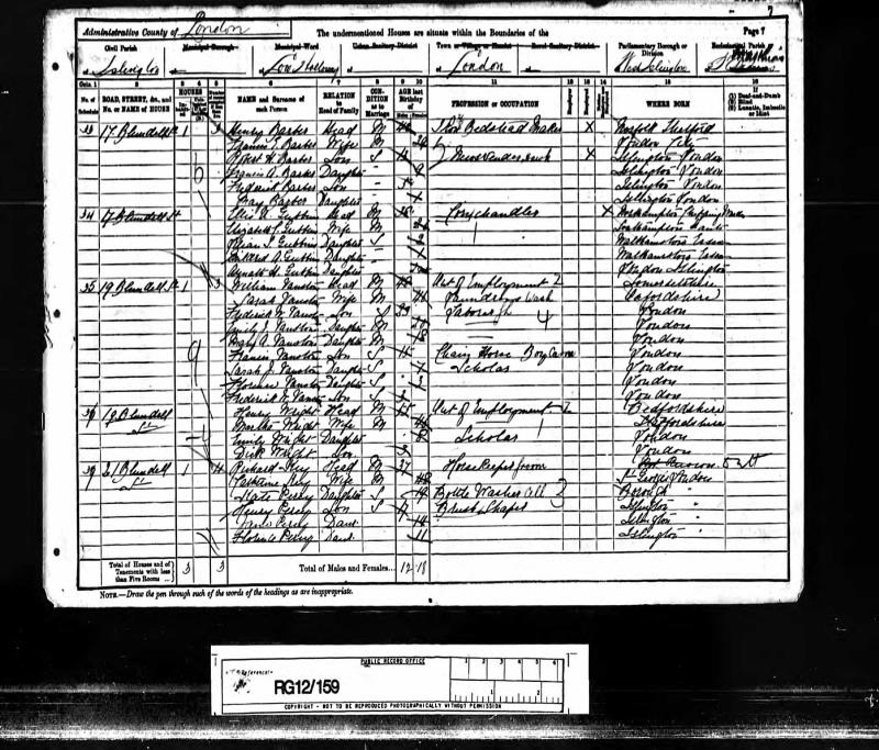 Census UK 1891 Class: RG12; Piece: 159; Folio: 7; Page: 7; Schdule No: 35