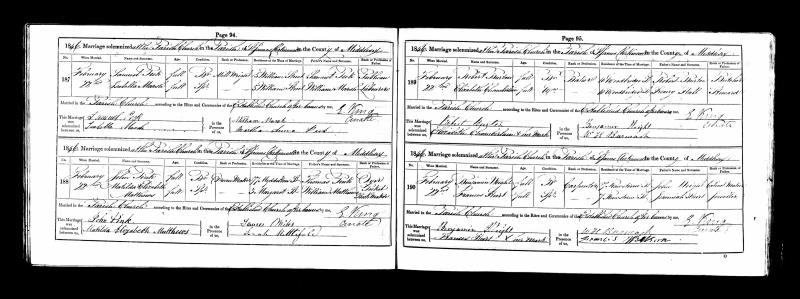 Marriage (St James, Clerkenwell, Islington, Middlesex, England, United Kingdom) 22 Feb 1846 Benjamin Weight & Frances Hurt