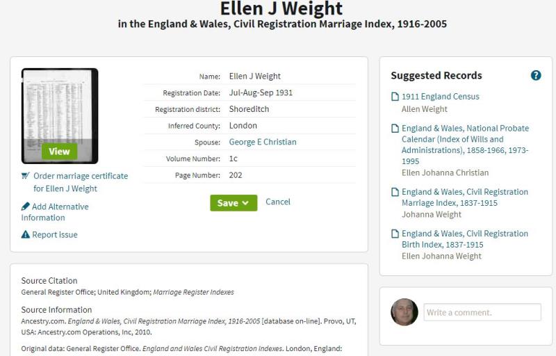 Marriage Shoreditch, London, England Q3 1931 Ellen Johanna Weight & George Edward Christian