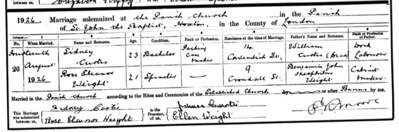 Marriage Hoxton, London, England (St John the Baptist parish Church) 14 Aug 1926 Sidney Curtis & Rose Eleanor Weight