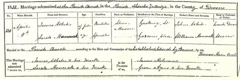Marriage Charles the Martyr, Plymouth, Devon, England, United Kingdom 9 Apr 1838 James White & Sarah Hancock