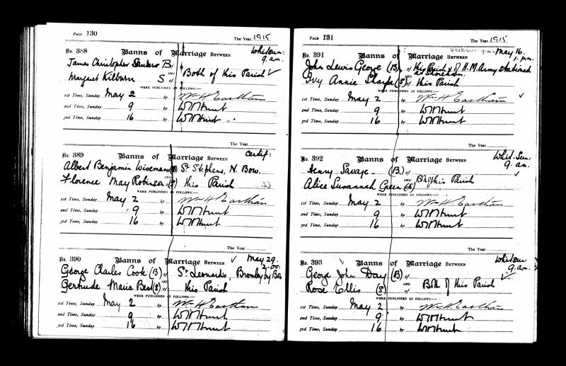 Marriage St Stephen Church (Bow), Tredegar Road, Bow, Tower Hamlets, London, England, United Kingdom (St Stephen Church (Bow), Tredegar Road, Bow, Tower Hamlets, London, England, United Kingdom) 23 May 1915 Albert Benjamin Wiseman & Florence May Robinson
