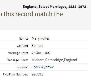 Marriage Isleham, Cambridge, England 24 Jun 1807 John Wybrow & Mary Fuller