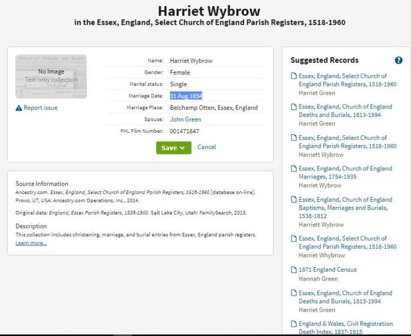Marriage Belchamp Otten, Essex, England, United Kingdom 31 Aug 1834 John Green to Harriett Wybrow