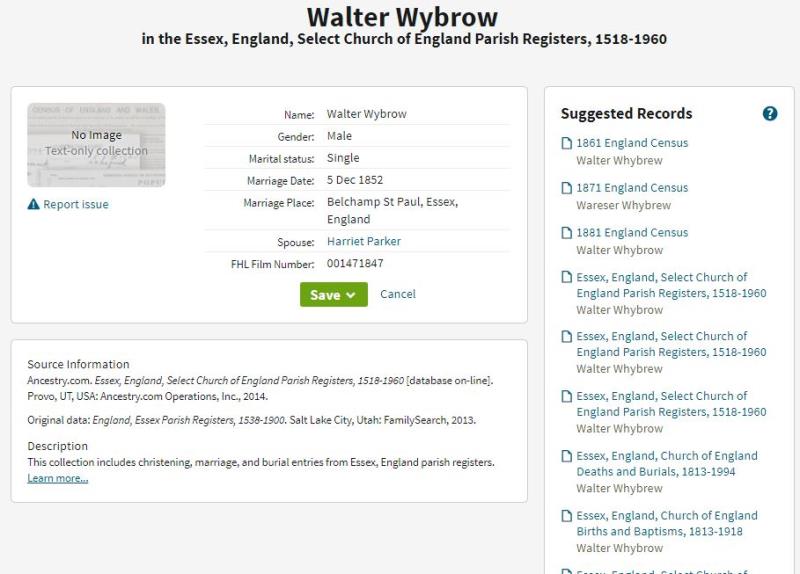 Marriage (Belchamp St Paul, Essex, England) 5 Dec 1852 Walter Wybrow & Harriet Parker